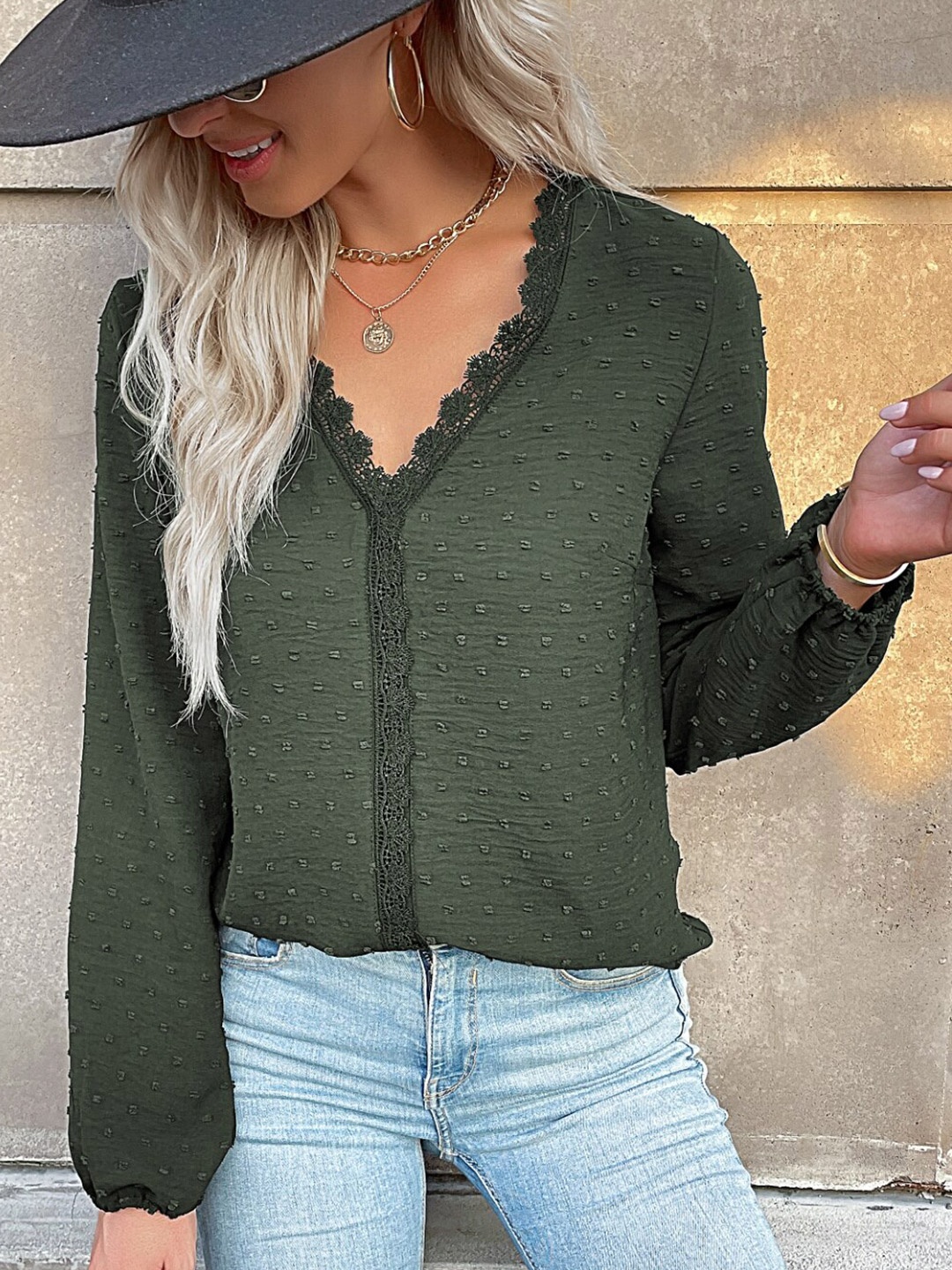 

StyleCast Green V- Neck Self Design Lace Detail Bishop Sleeves Regular Top