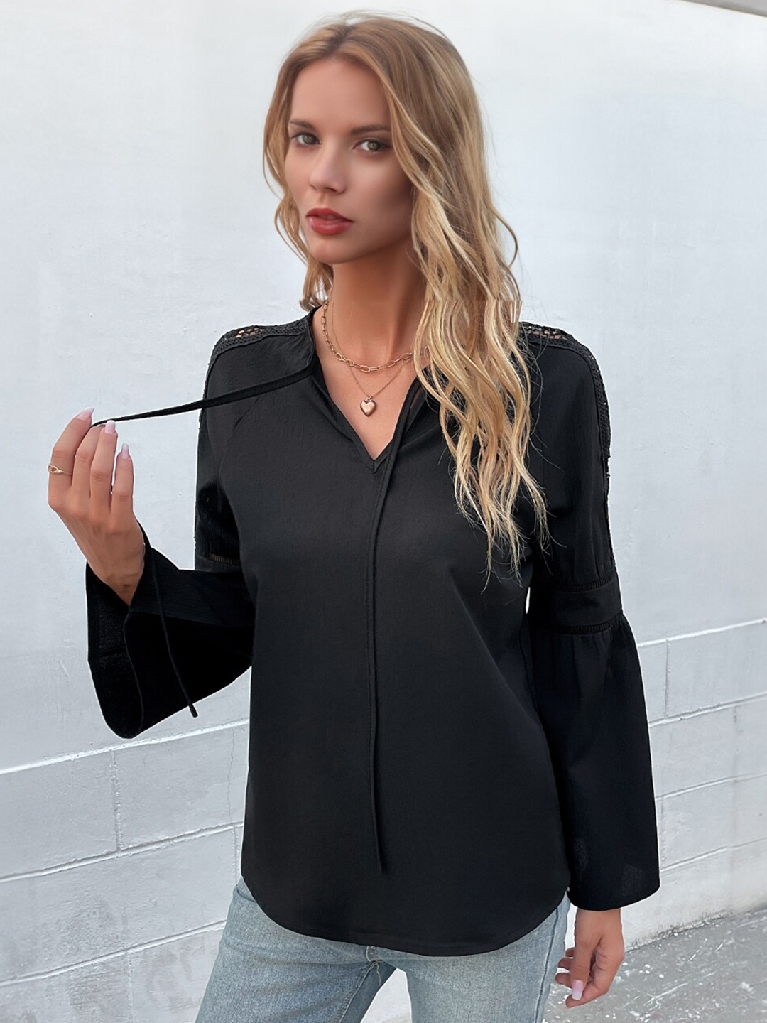 

StyleCast Black Tie-Up Neck Bell Sleeves Regular Top