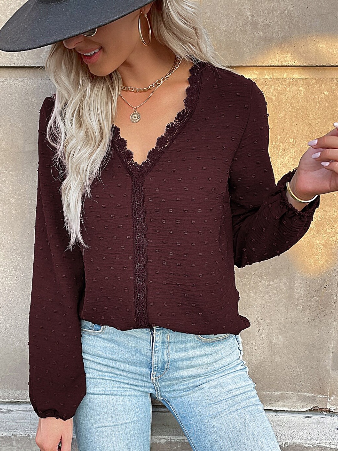 

StyleCast Burgundy Self Design Cuffed Sleeves Shirt Style Top