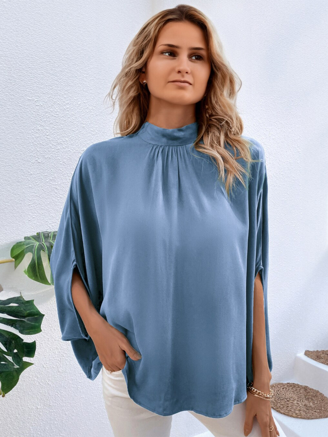

StyleCast Green High Neck Dolman Sleeves Regular Top, Blue