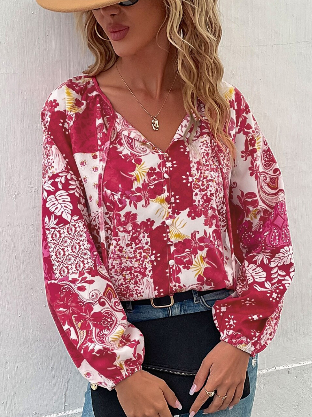 

StyleCast Red Floral Printed Tie-Up Neck Cuffed Sleeves Shirt Style Top