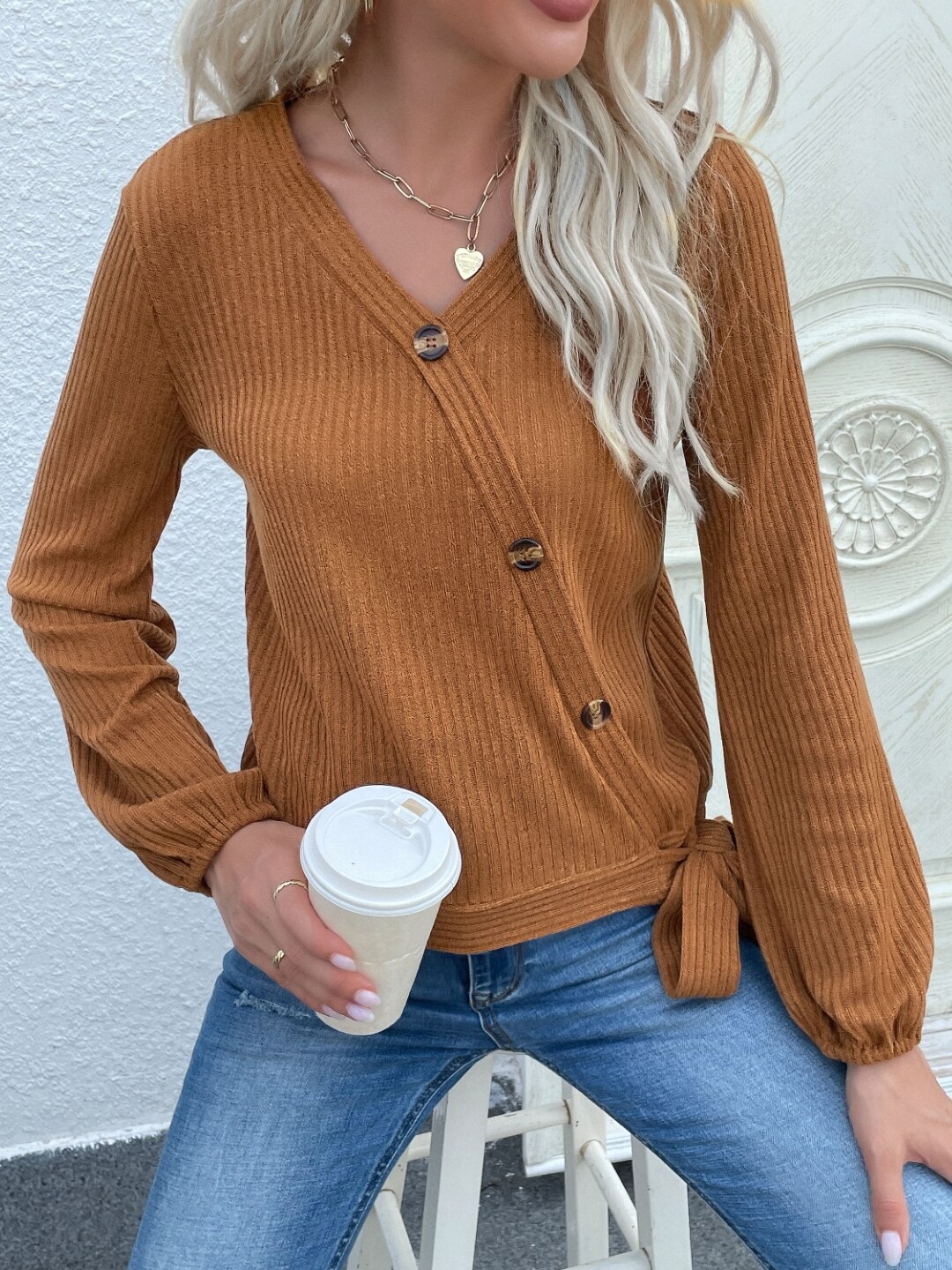 

StyleCast Striped V-Neck Top, Brown