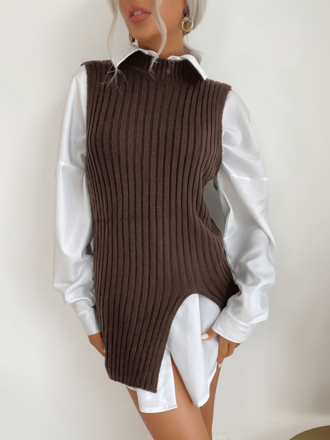 

StyleCast Brown Striped High Neck Sleeveless Longline Sweater Vest