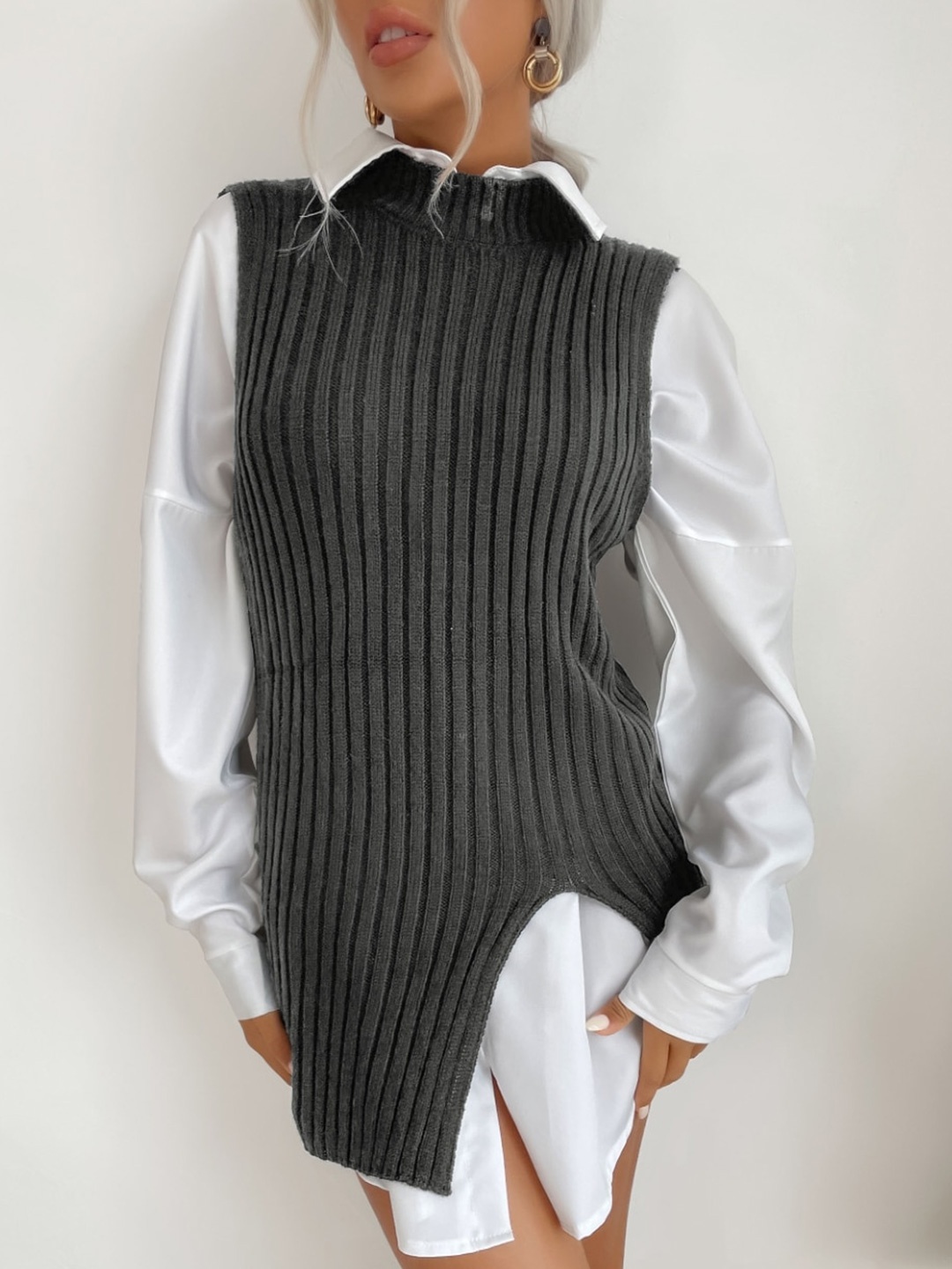 

StyleCast Grey Self Design Striped High Neck Longline Sweater Vest