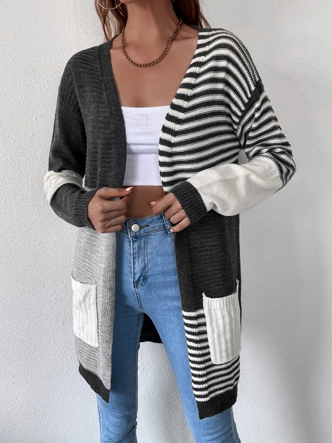 

StyleCast Grey & White Colourblocked Longline Front-Open Sweater with Striped Detail