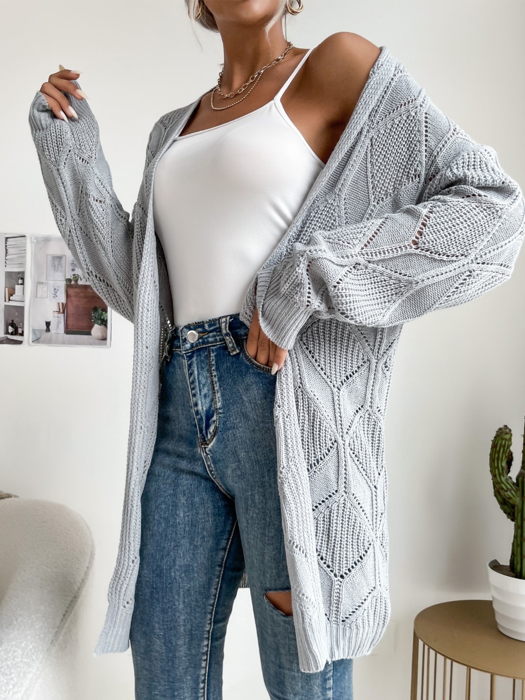 

StyleCast Grey Cable Knit Self-Design V-Neck Open Knit Longline Front Open Sweater