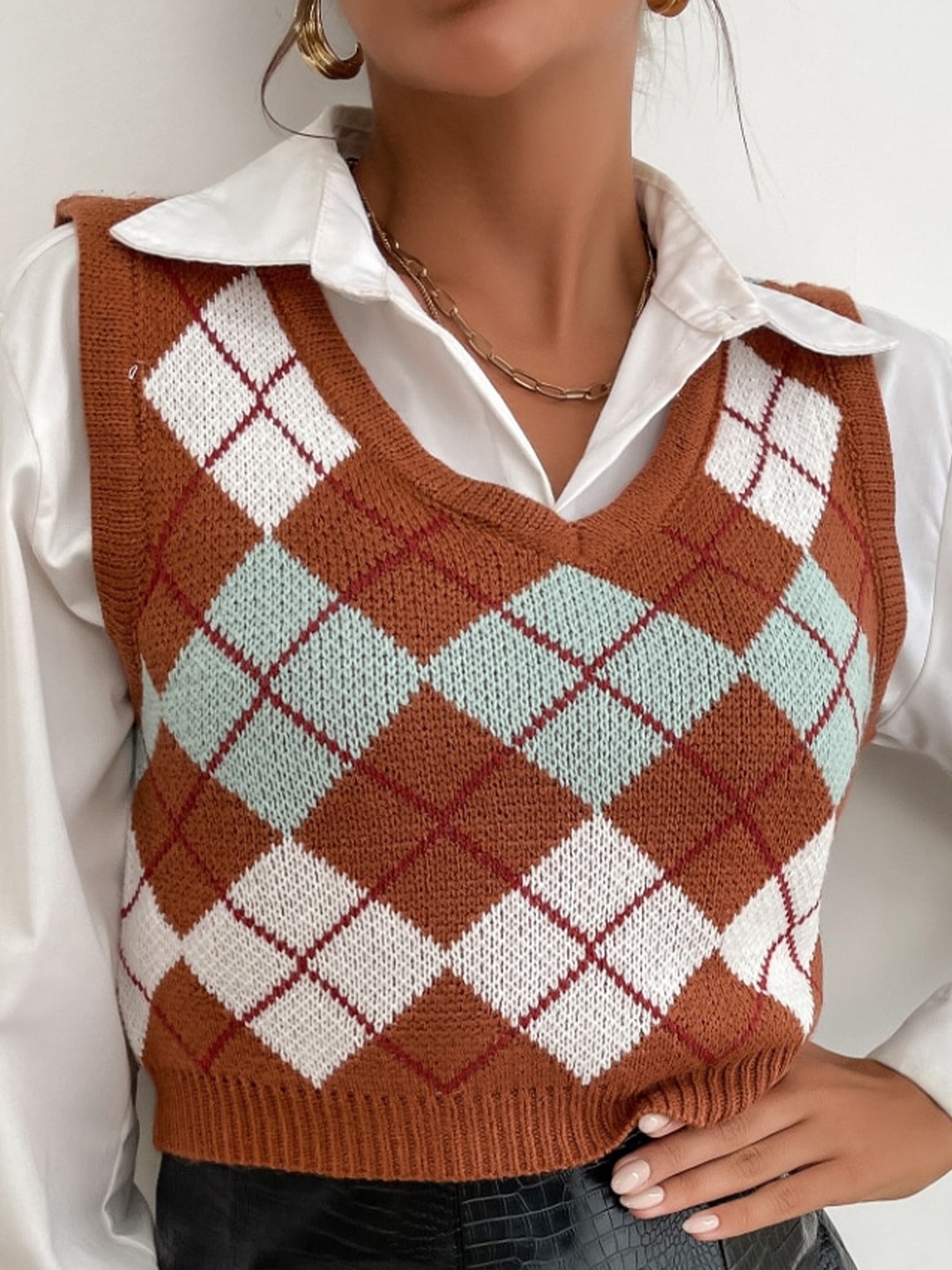 

StyleCast Brown Checked Crop Sweater Vest