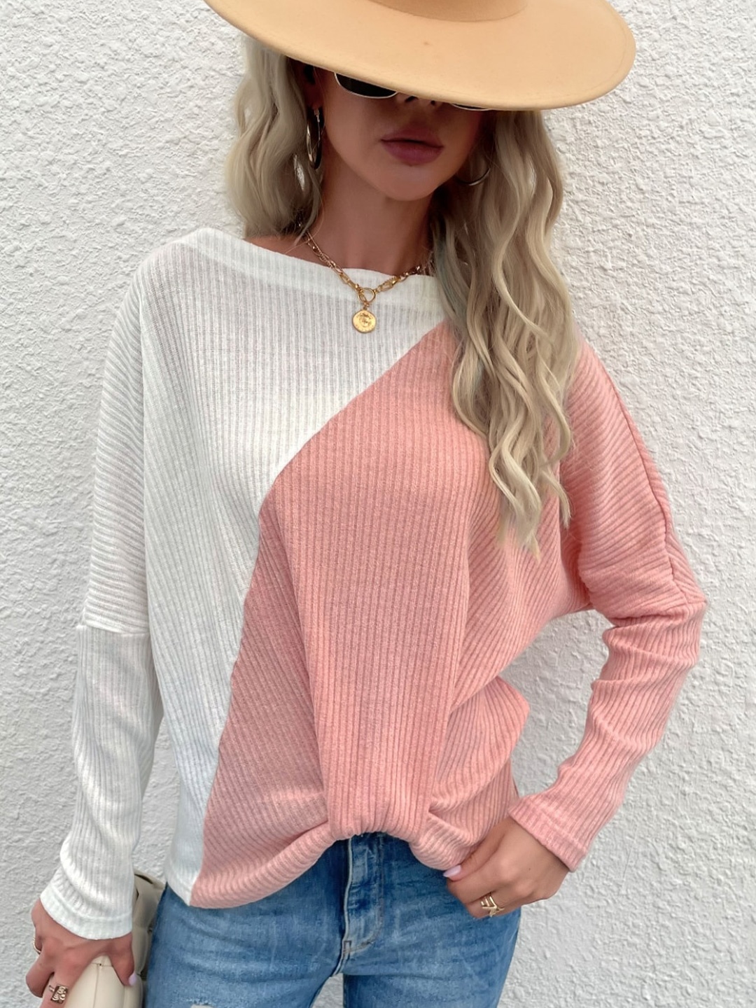 

StyleCast Pink & White Colourblocked Cotton Pullover