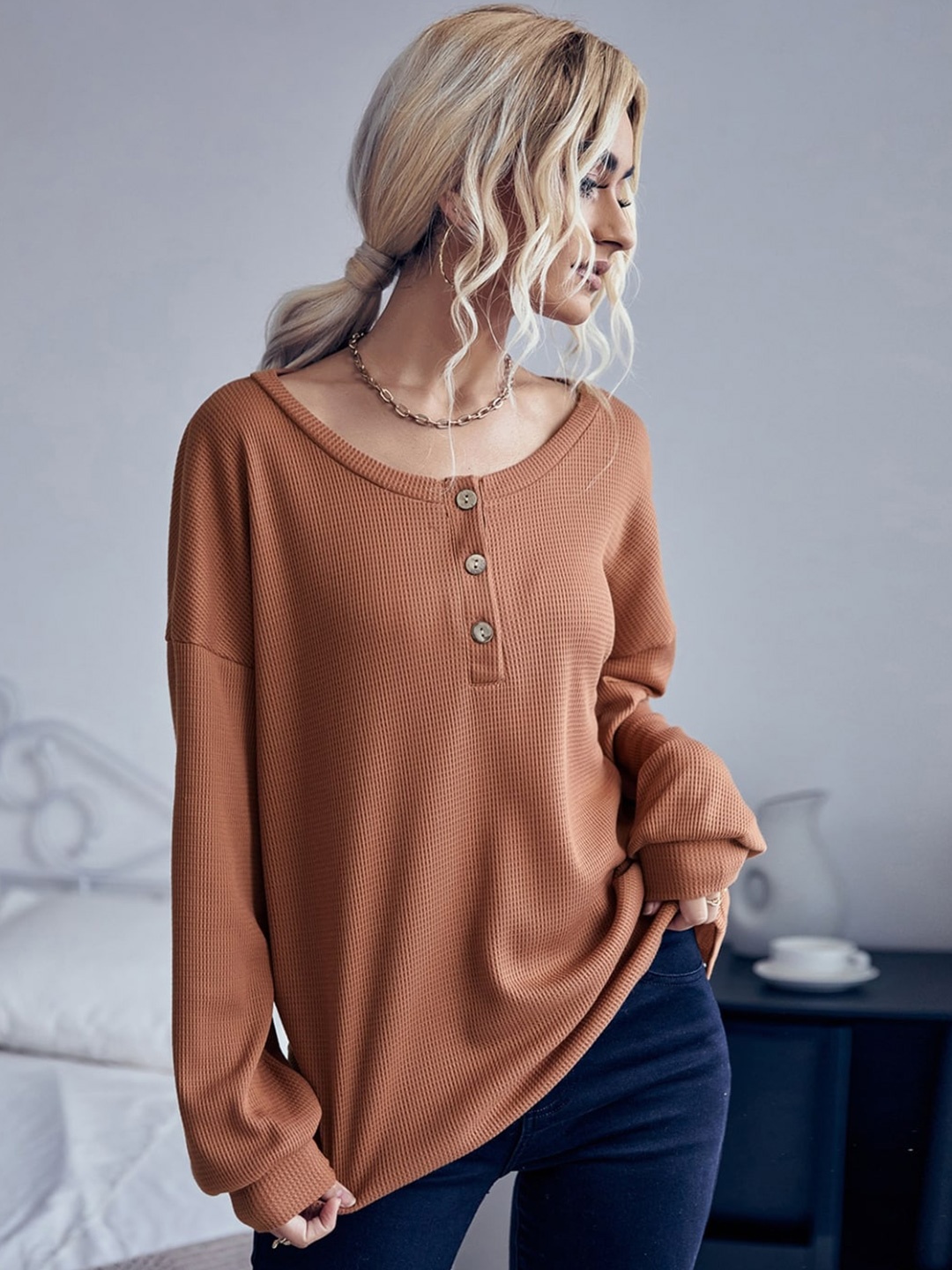 

StyleCast Brown Ribbed Longline Cotton Pullover