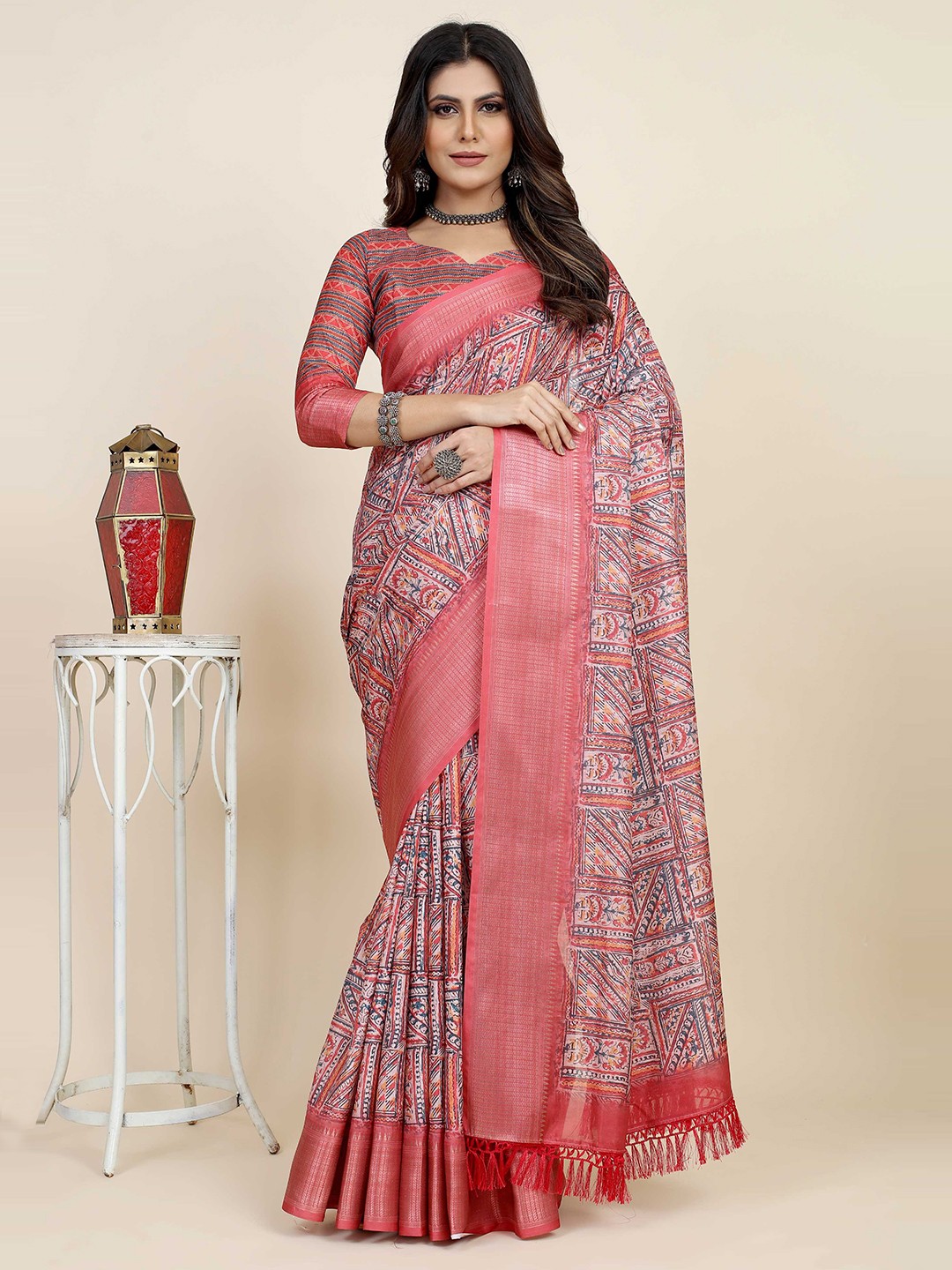 

Mitera Ethnic Motifs Printed Zari Silk Blend Saree, Red