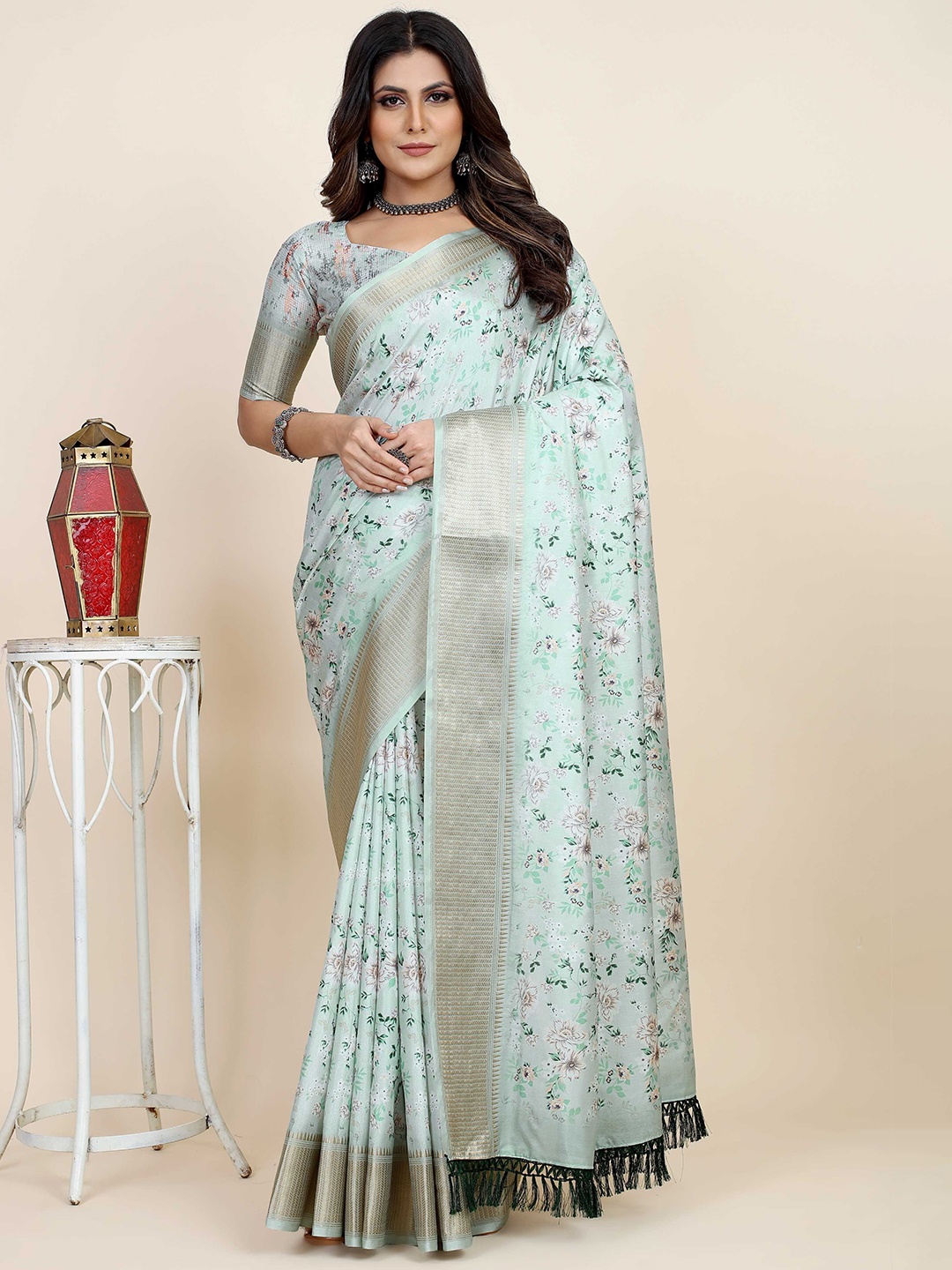 

Mitera Ethnic Motifs Printed Zari Silk Blend Saree, Turquoise blue