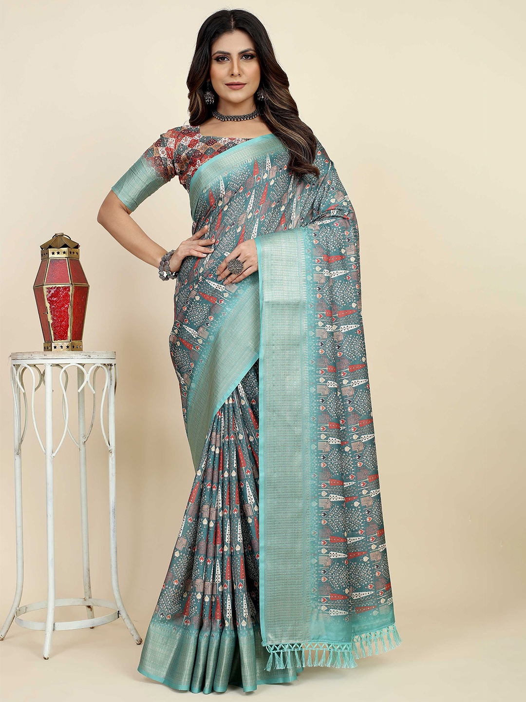 

Mitera Ethnic Motifs Printed Zari Silk Blend Saree, Teal