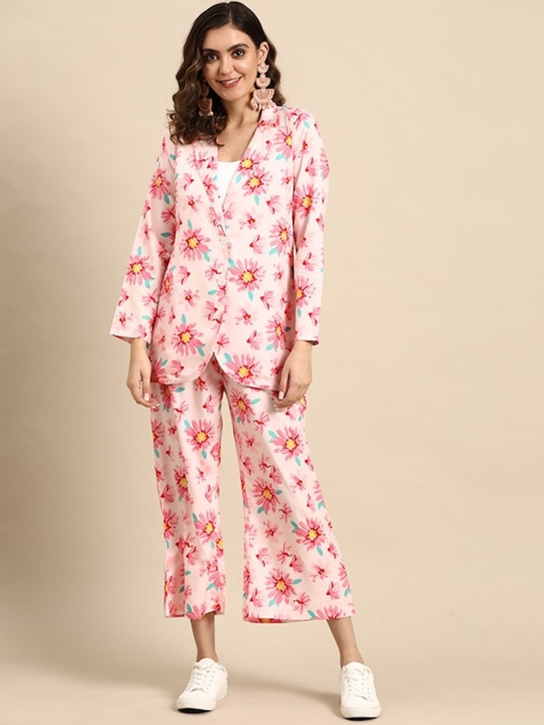 

Sangria Printed Lapel Collar Co-Ords, Pink