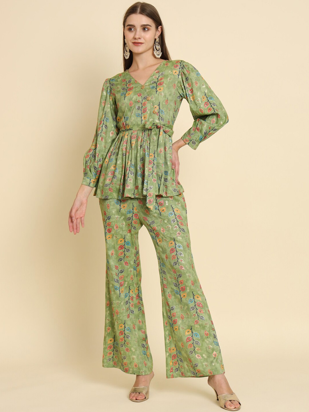 MADHURAM Printed V-Neck Frilled Top With Trousers, Green