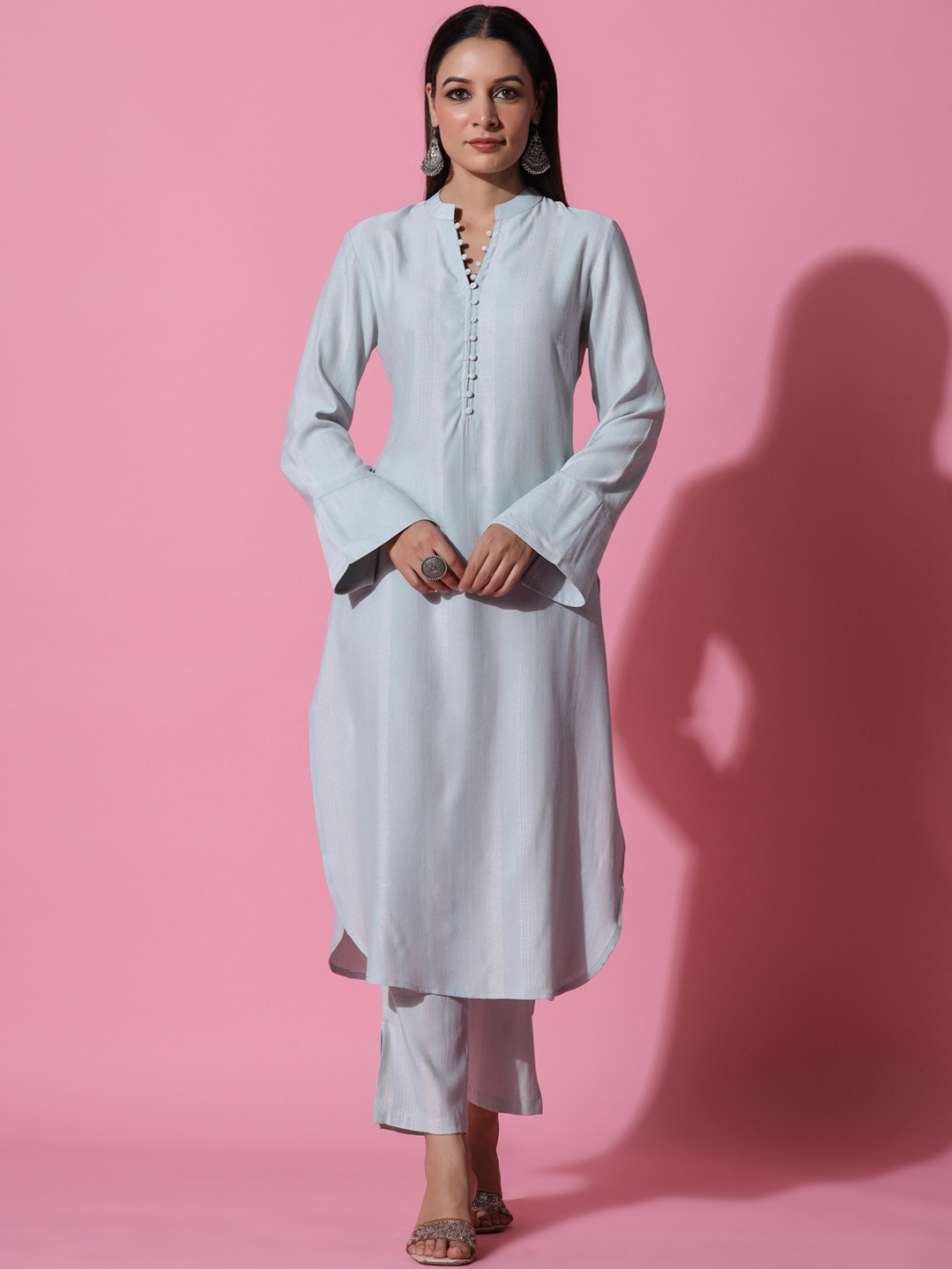 

HERE&NOW Blue Self Design Bell Sleeve Regular Straight Kurta with Trousers