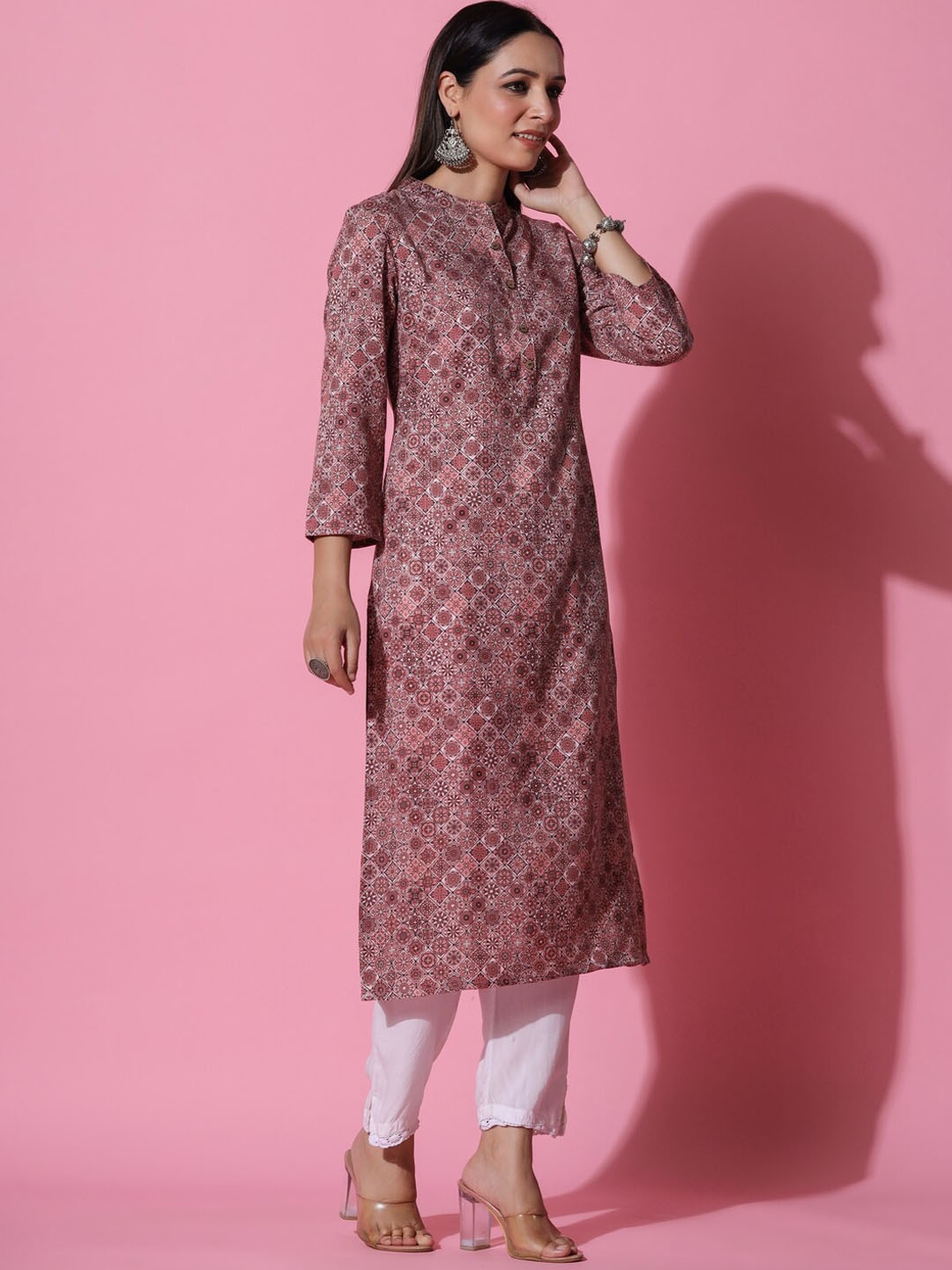 

HERE&NOW Floral Printed Mandarin Collar Straight Kurta, Red