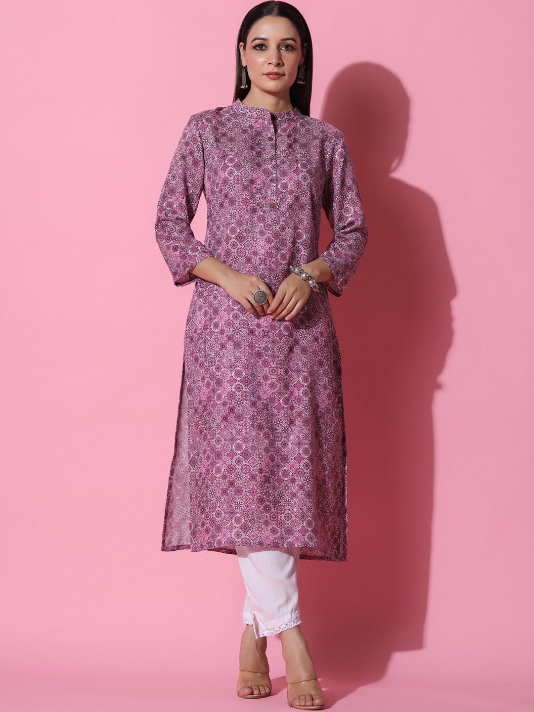 

HERE&NOW Geometric Printed Mandarin Collar Straight Kurta, Pink