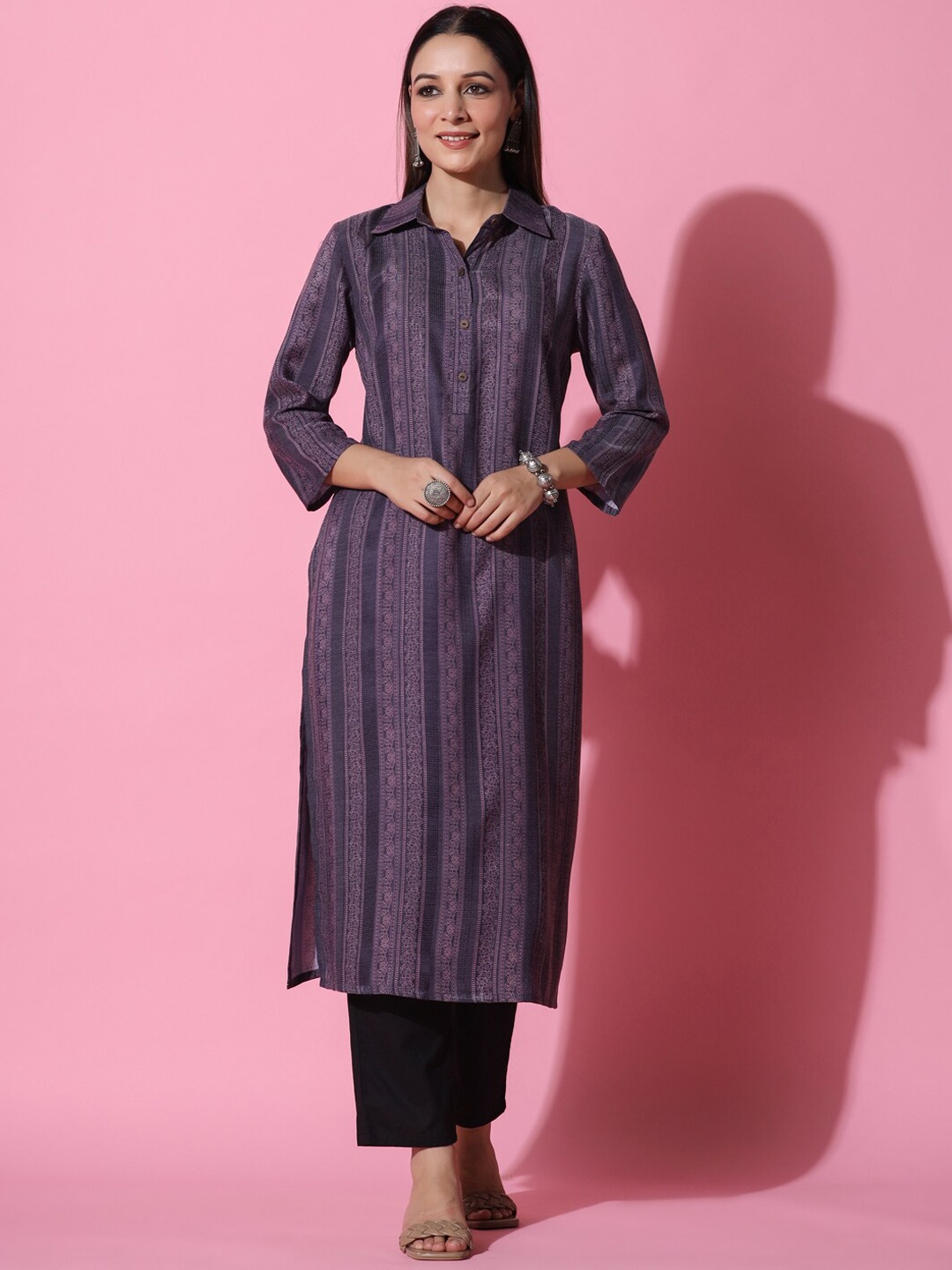 

HERE&NOW Ethnic Motifs Printed Shirt Collar Pathani Kurta, Purple