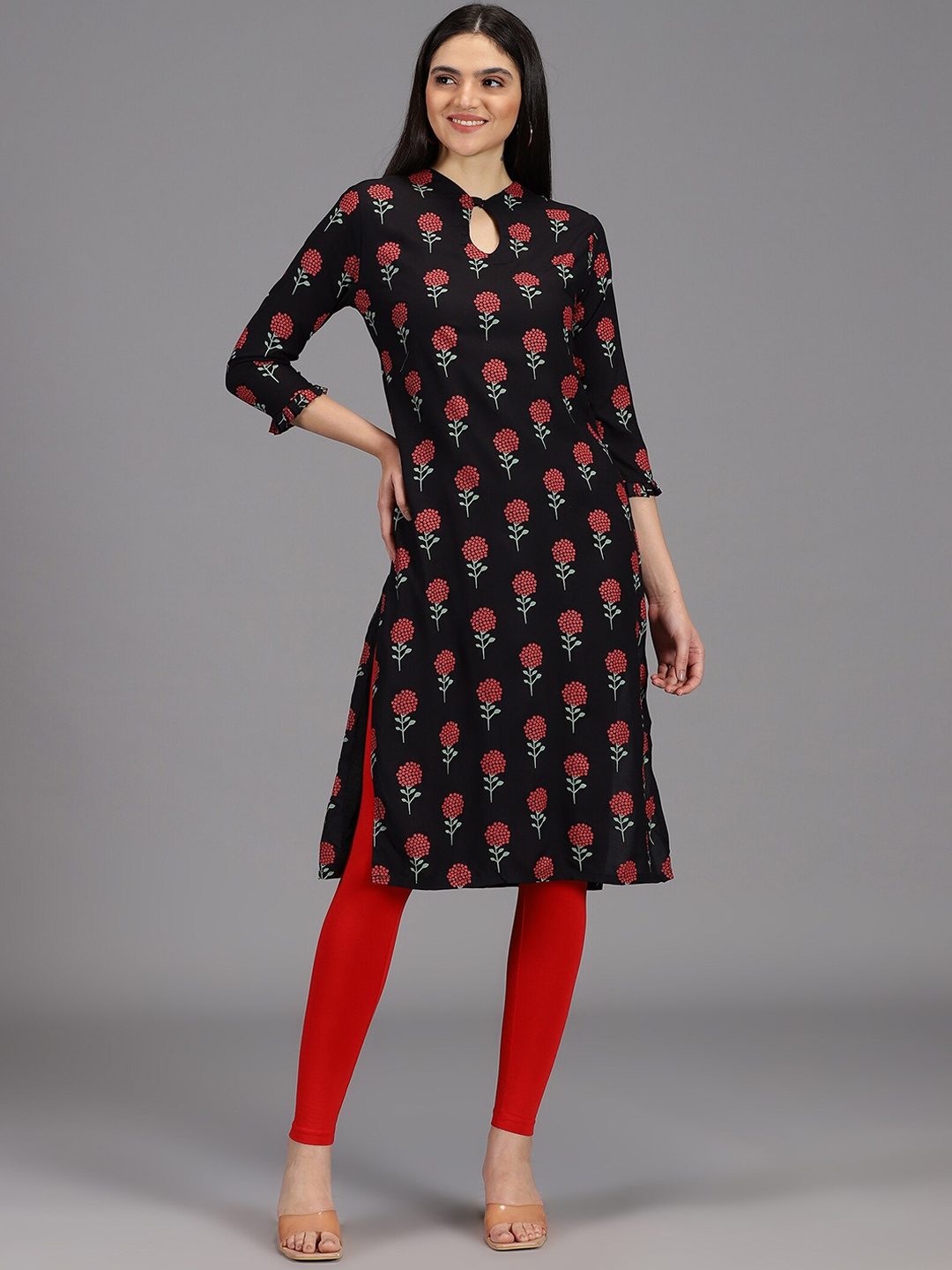 

HAY Ethnic Motifs Printed Keyhole Neck Kurta, Black