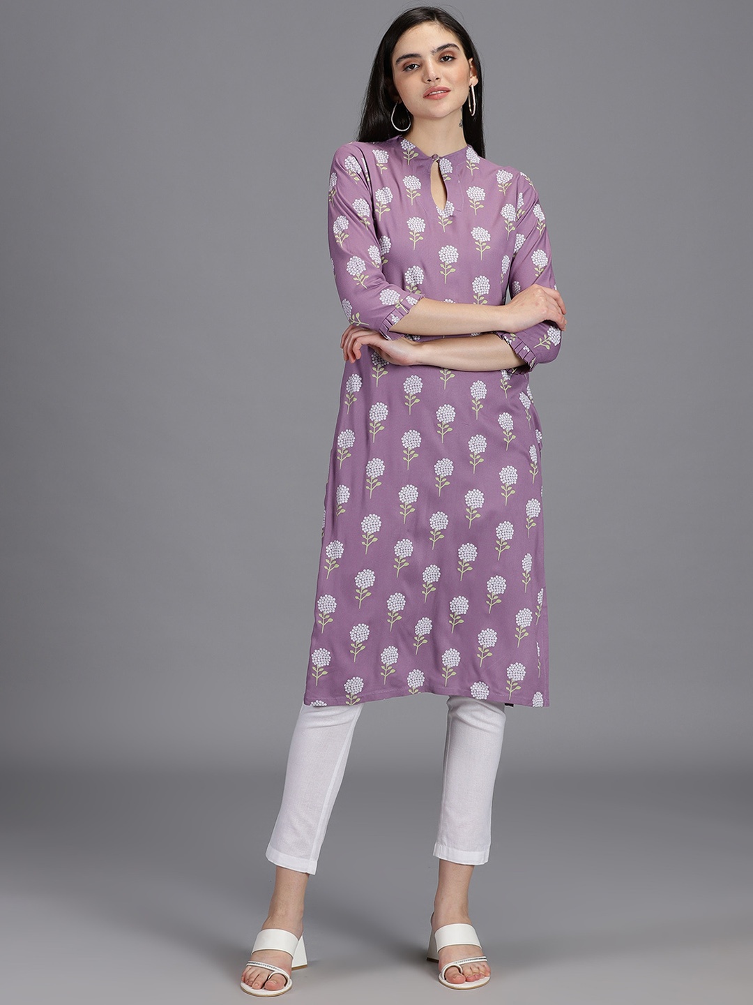 

HAY Ethnic Motifs Printed Keyhole Neck Kurta, Violet