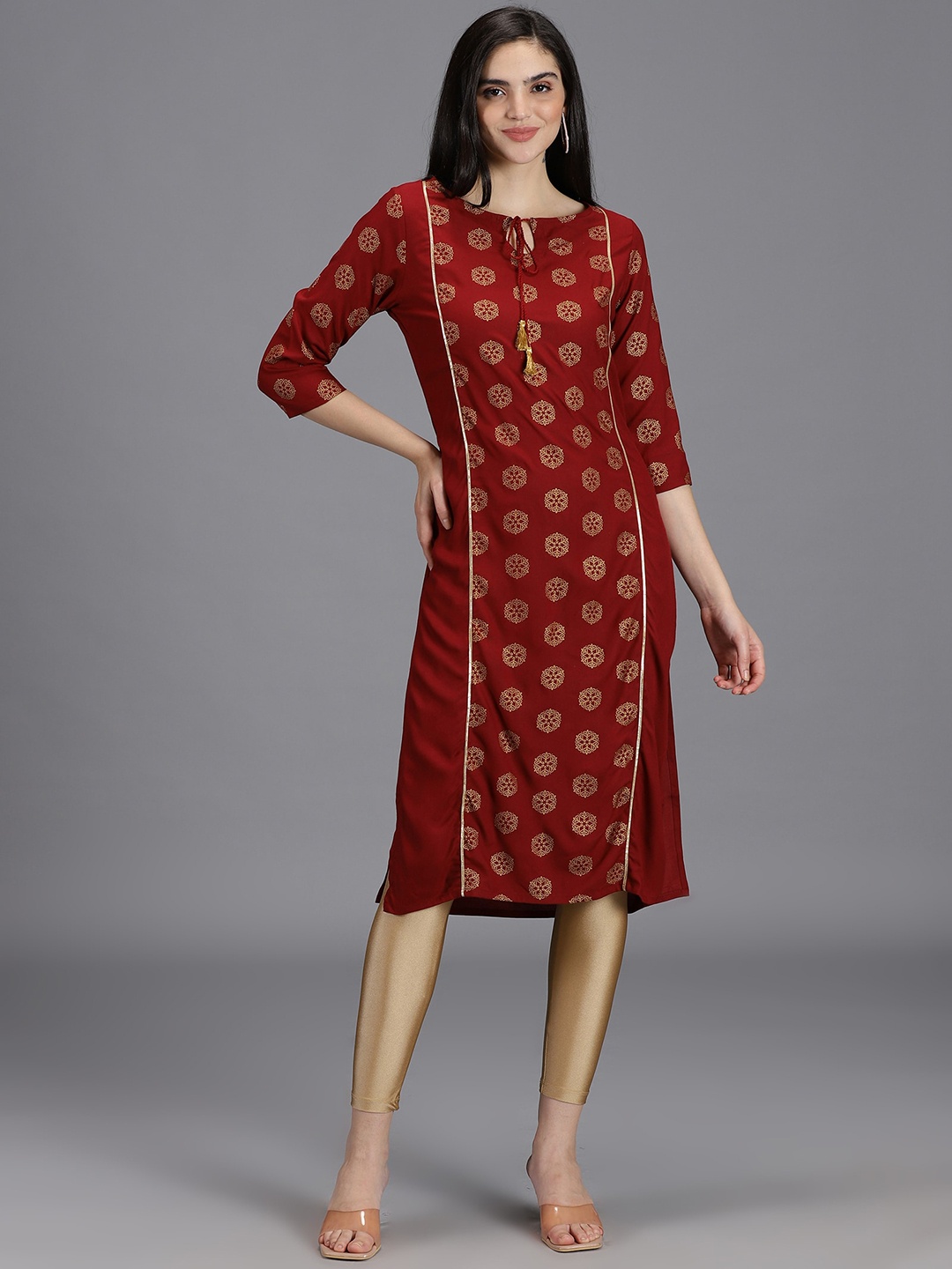 

HAY Ethnic Motifs Printed Keyhole Neck Kurta, Maroon