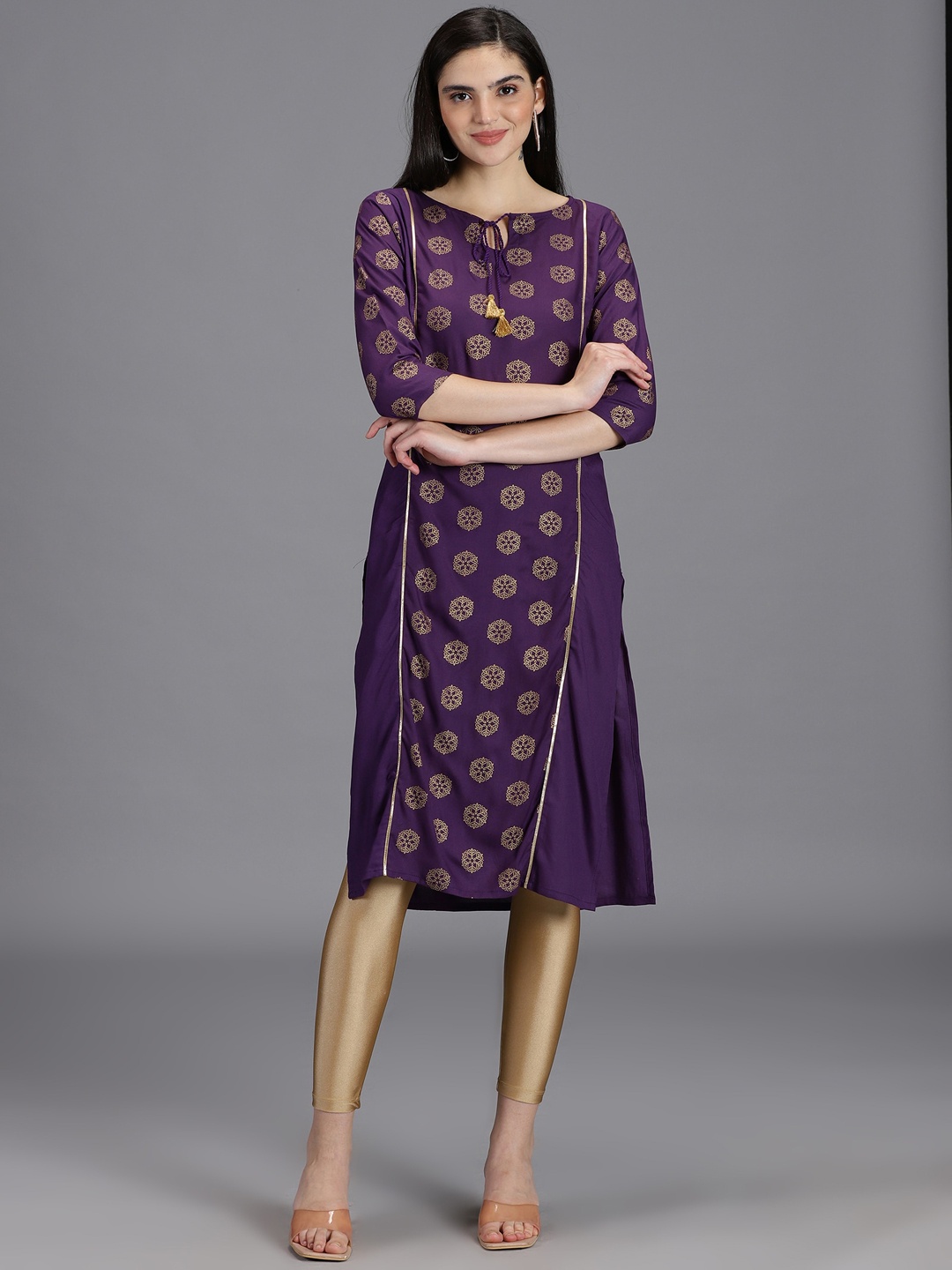 

HAY Ethnic Motifs Printed Keyhole Neck Kurta, Violet