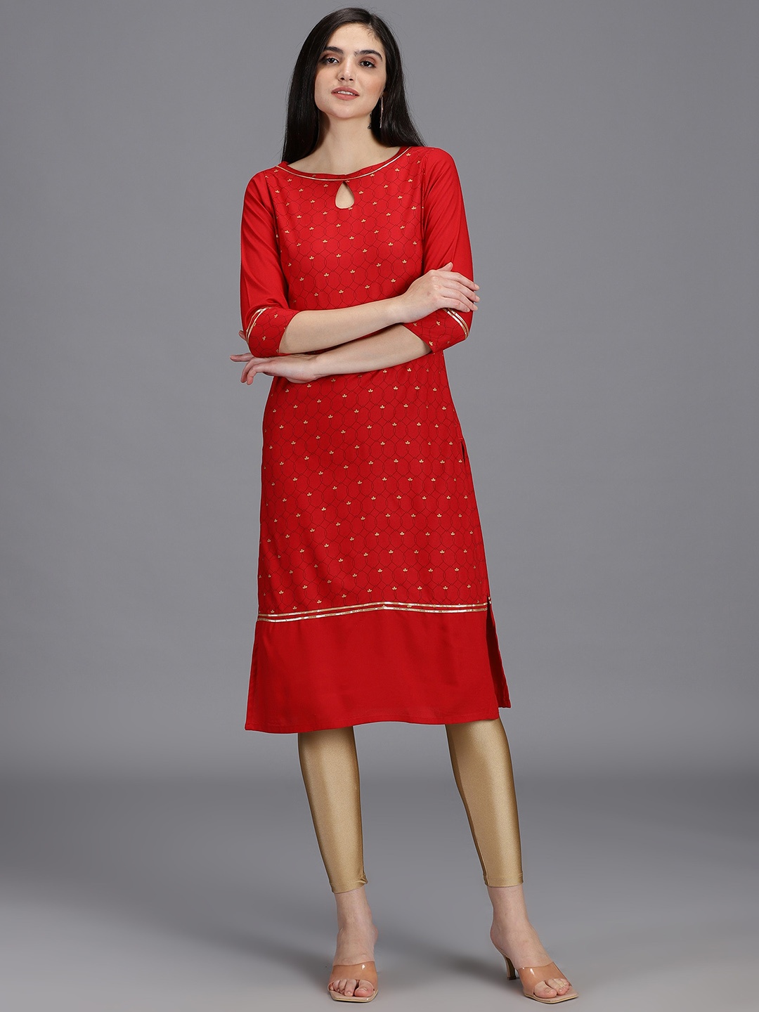 

HAY Ethnic Motifs Printed Keyhole Neck Kurta, Red