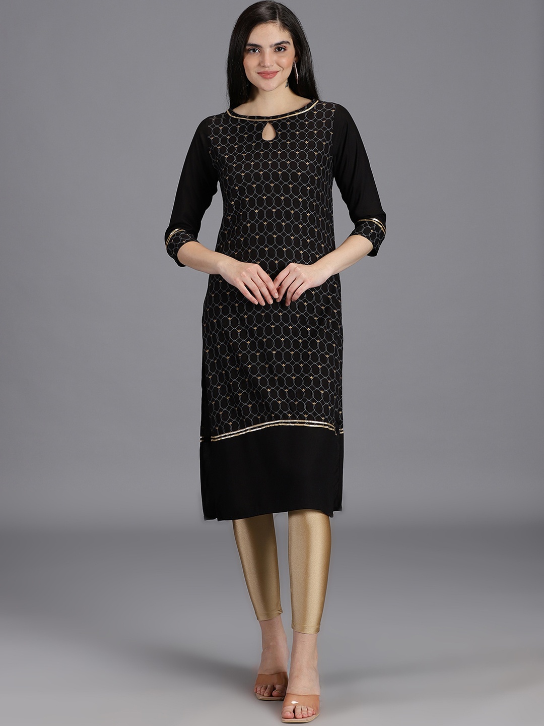 

HAY Ethnic Motifs Printed Keyhole Neck Kurta, Black