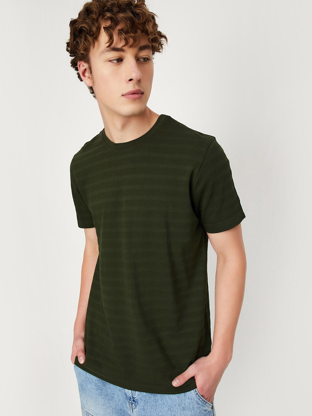 

max Striped Cotton Casual T-Shirt, Green