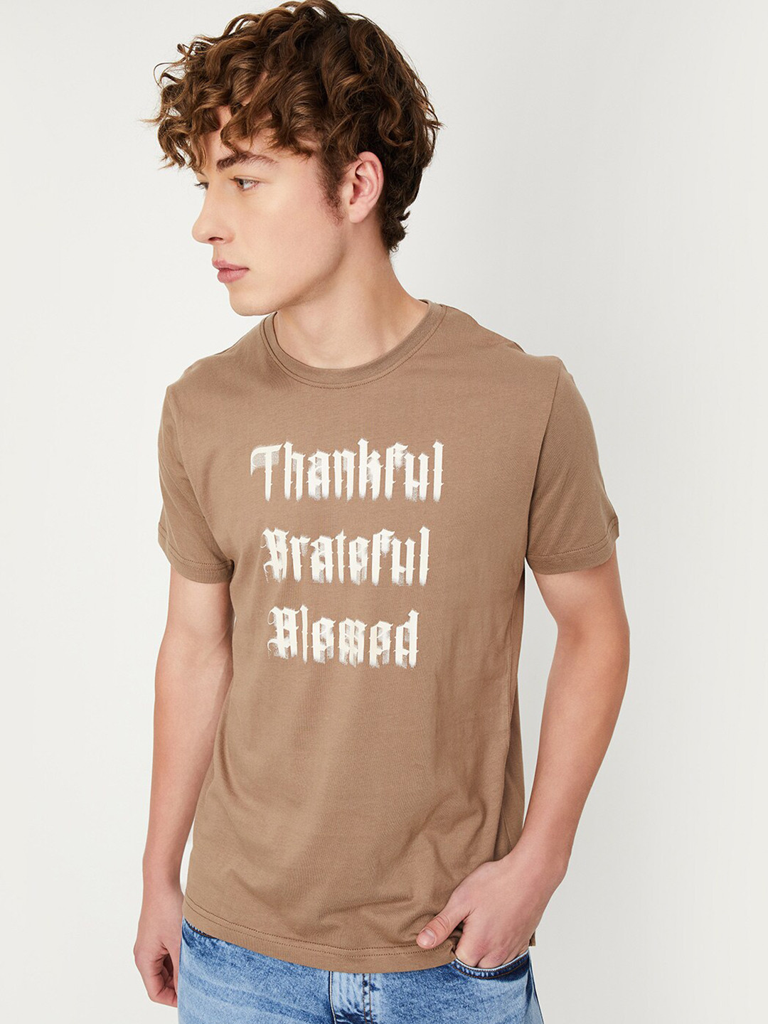 

max Typography Printed Cotton Casual T-Shirt, Brown