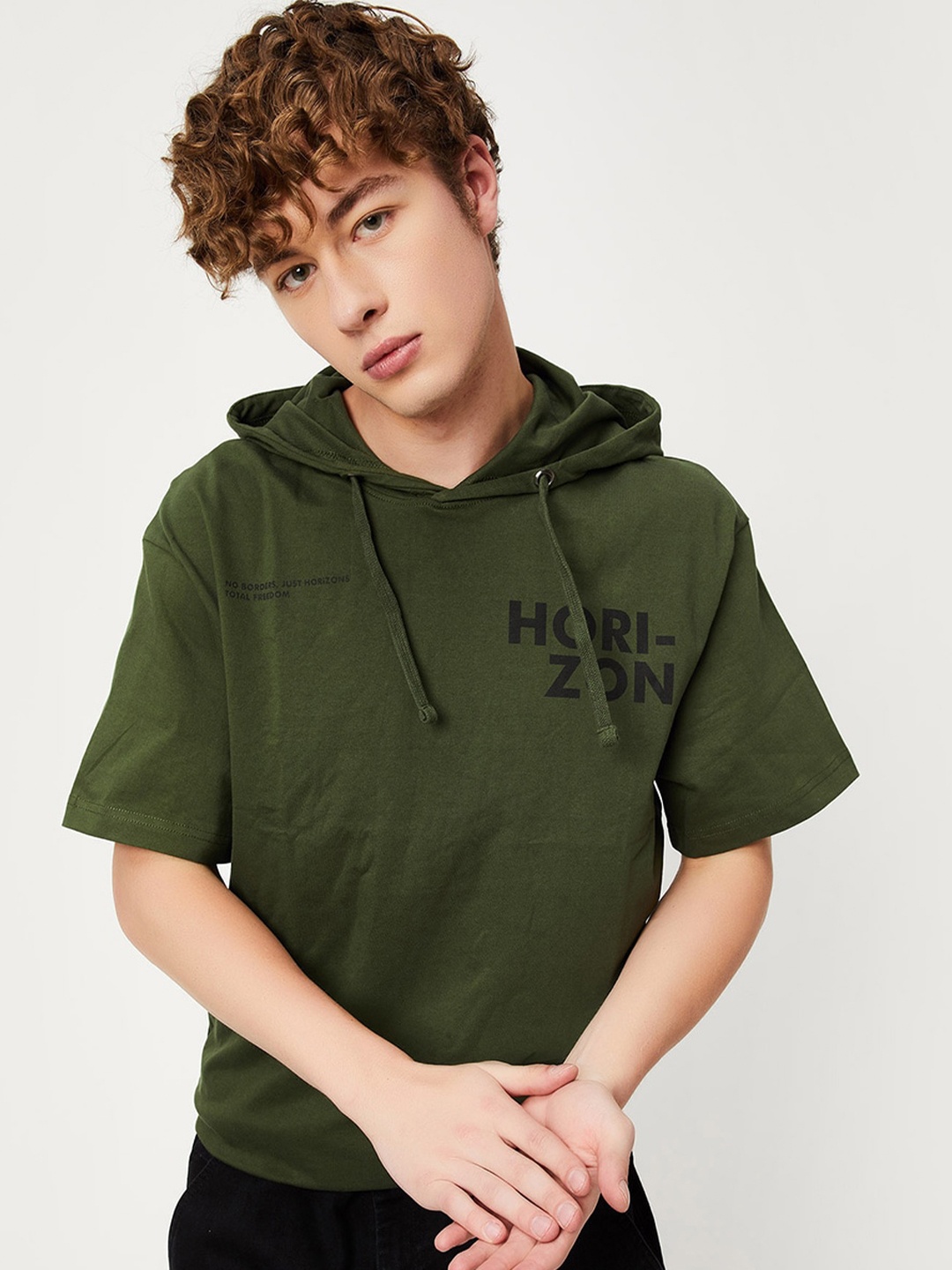 

max Typography Printed Hooded Cotton T-shirt, Green