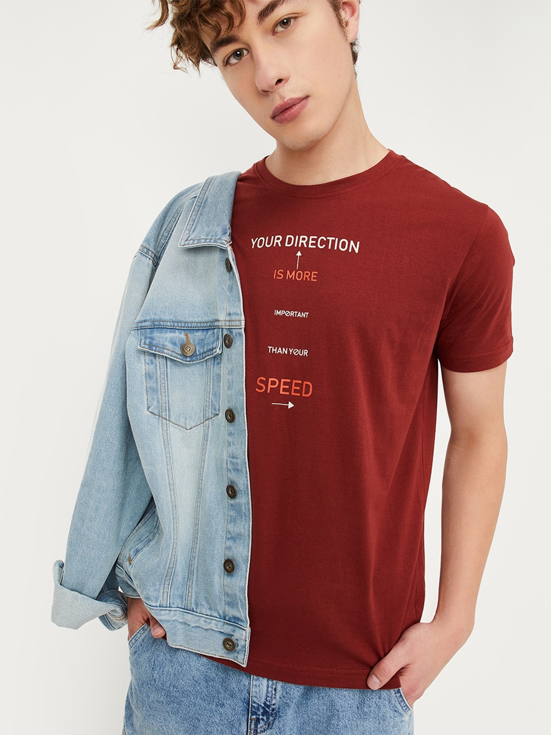 

max Typography Printed Regular Fit Cotton T-shirt, Maroon