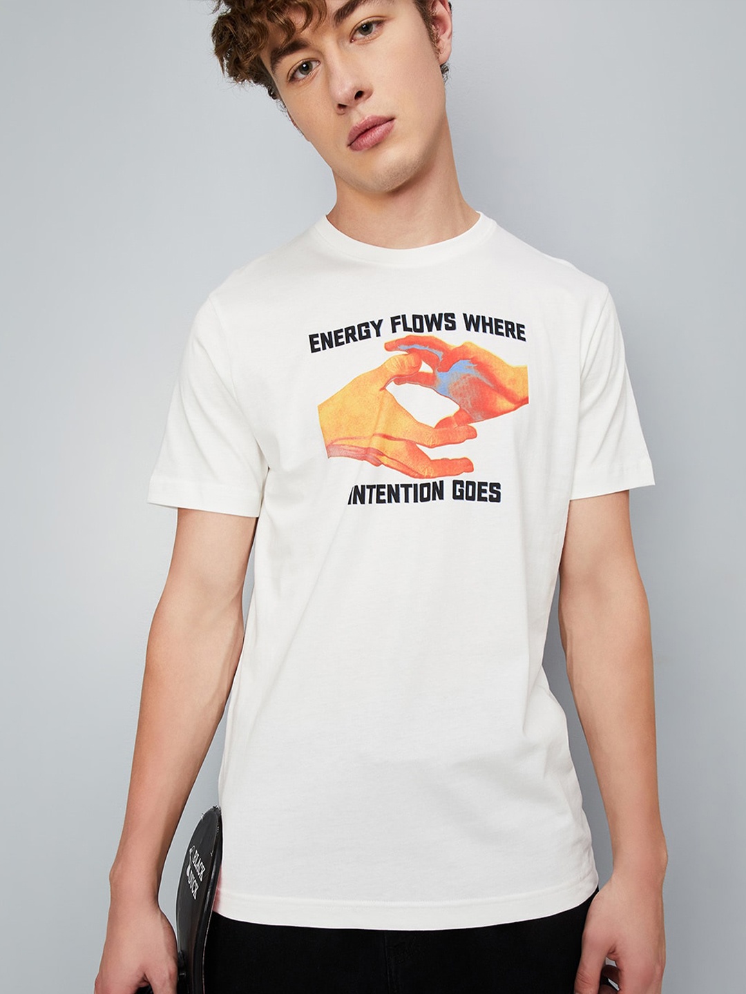 max Typography Printed Regular Fit Cotton T-shirt, Off white