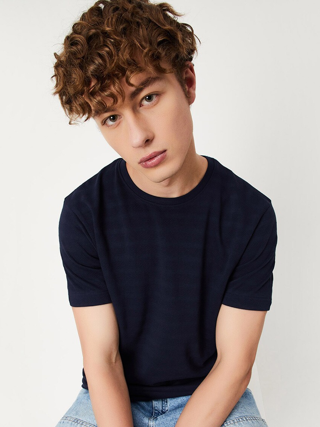 

max Round Neck Regular Fit Cotton T-shirt, Navy blue