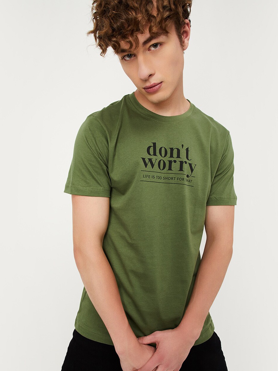 

max Typography Printed Regular Fit Cotton T-shirt, Green