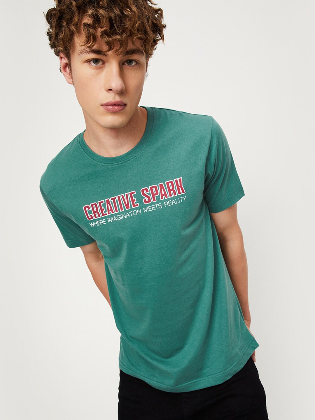 

max Typography Printed Cotton T-shirt, Green