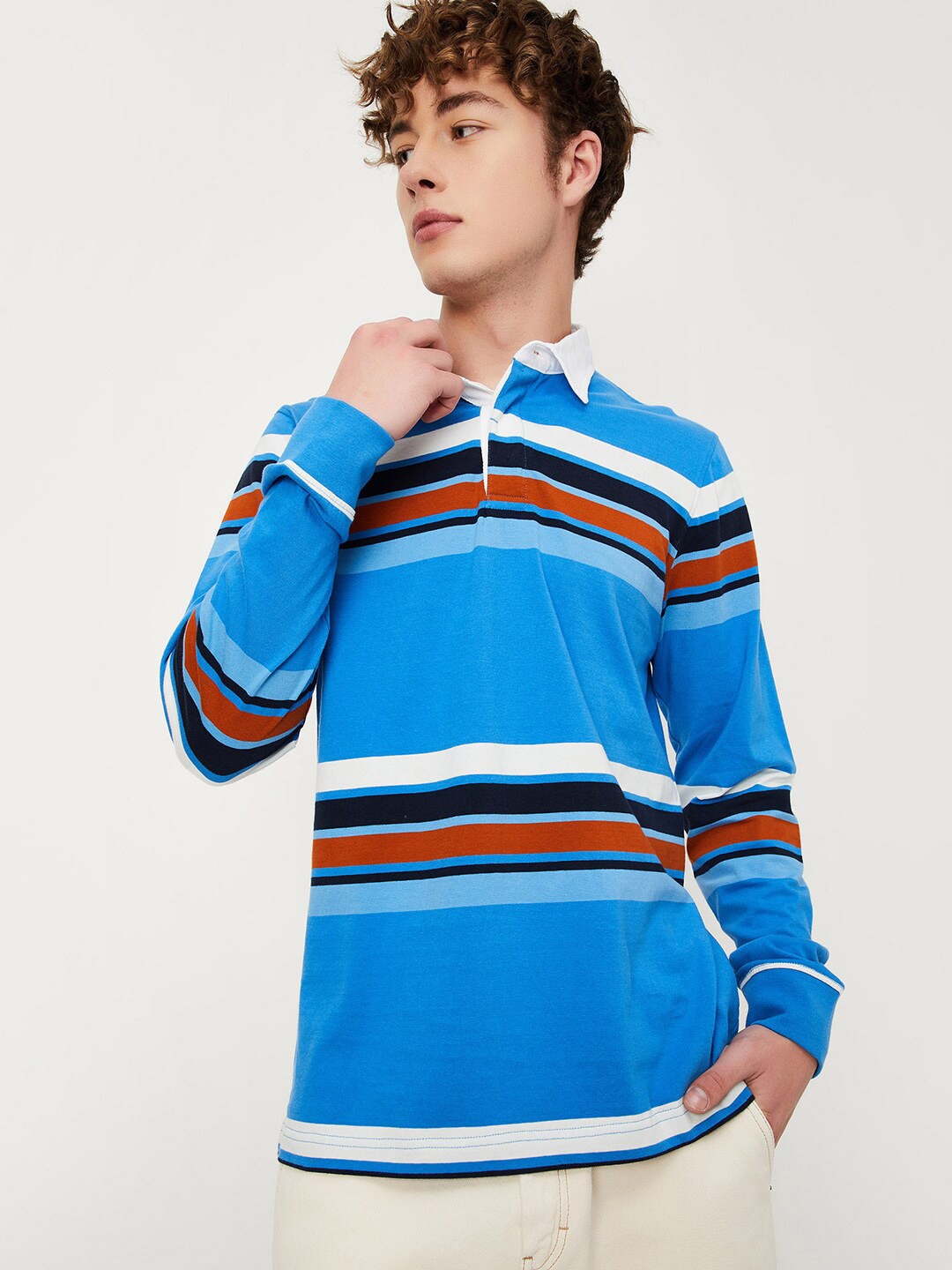 

max Striped Polo Collar Pure Cotton T-shirt, Blue