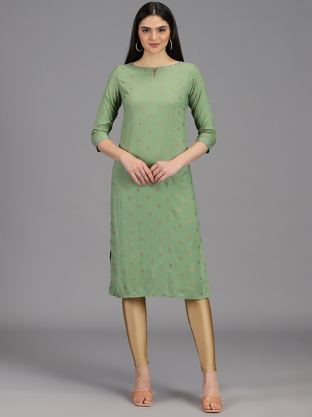 

HAY Ethnic Motifs Woven Design Keyhole Neck Mirror Work Liva Kurta, Green