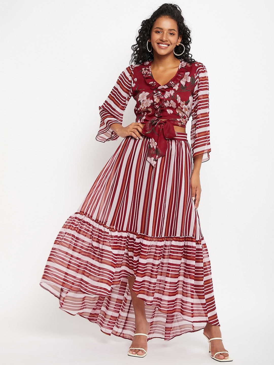 

Bitterlime Floral Printed V-Neck Ruffles Top, Burgundy