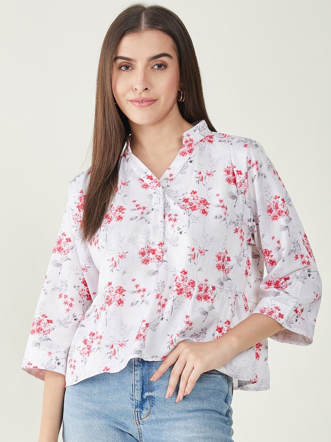 

Bitterlime Floral Printed Shirt Style Top, White
