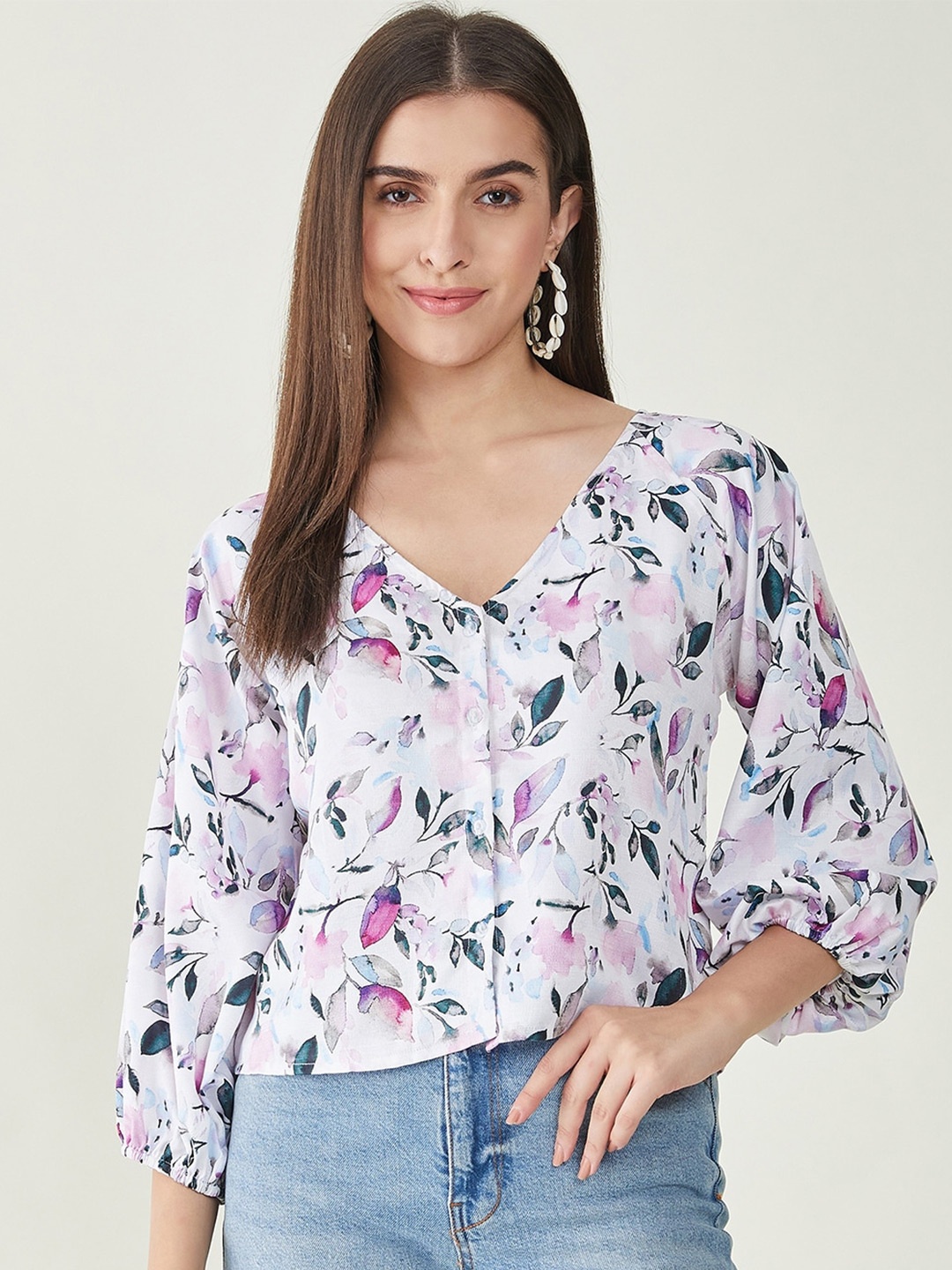 

Bitterlime Floral Printed Puff Sleeve Top, White