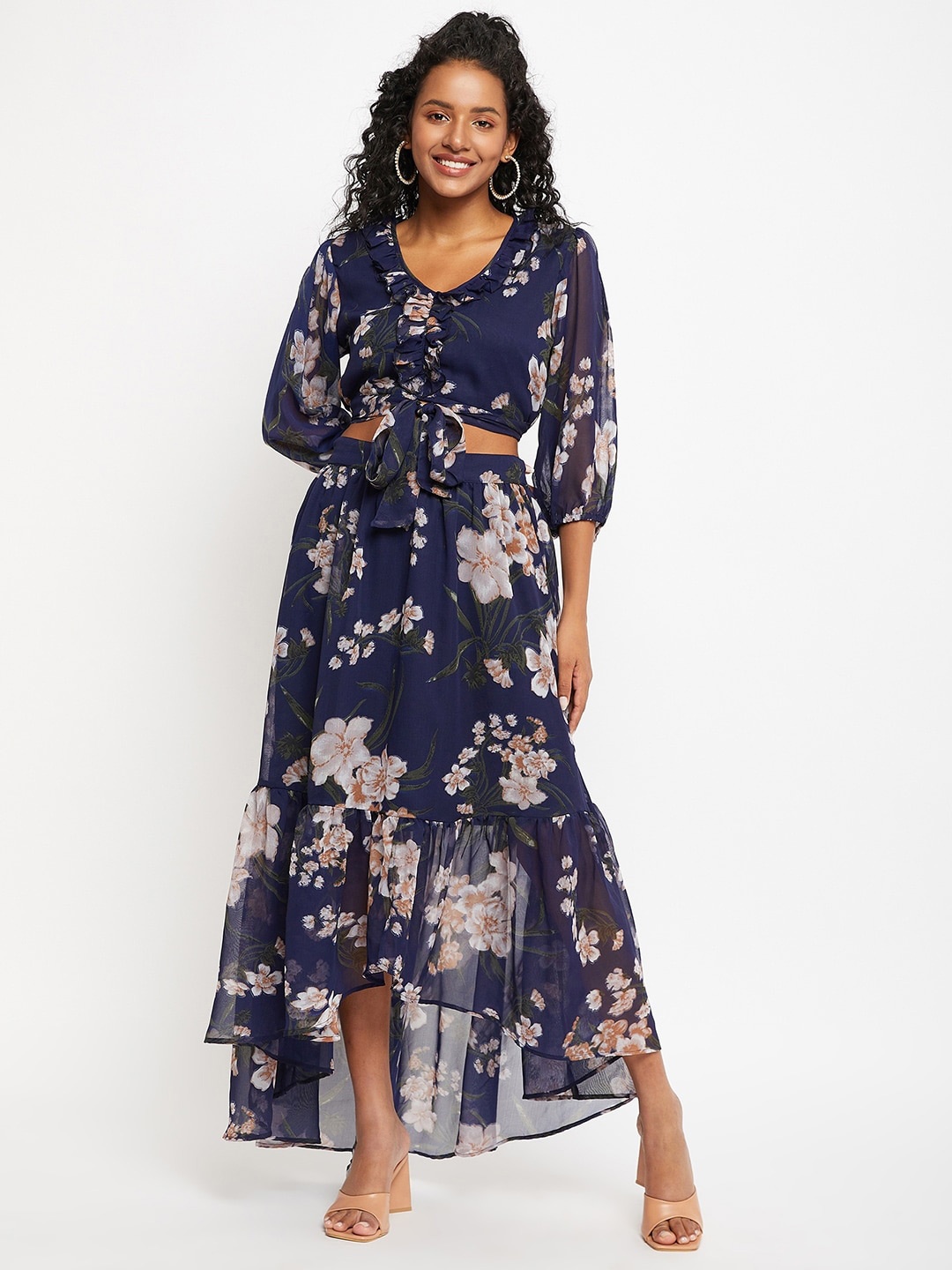 

Bitterlime Floral Printed V-Neck Waist Tie-Ups Top, Navy blue