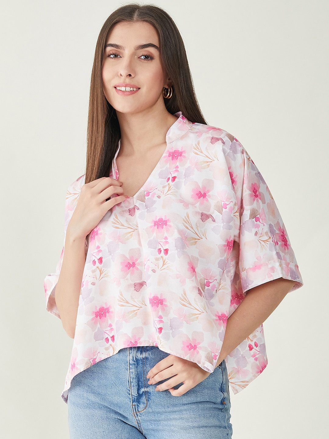 

Bitterlime Floral Printed V-Neck Top, White