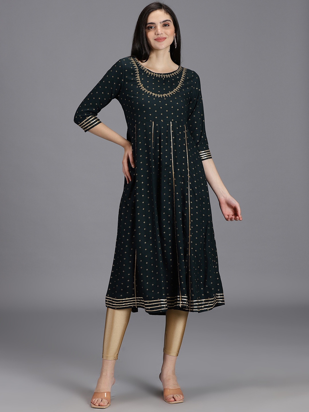 

HAY Ethnic Motifs Printed Gotta Patti Panelled A-Line Liva Kurta, Green