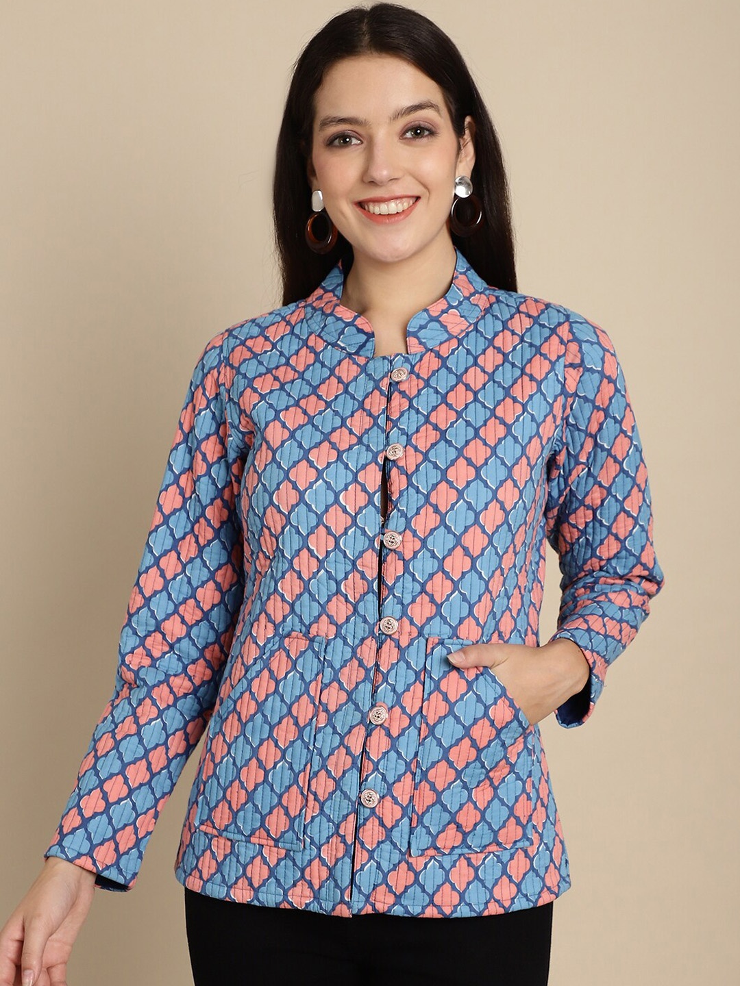 

Assamica Geometric Printed Stand Collar Lightweight Cotton Tailored Jacket, Blue