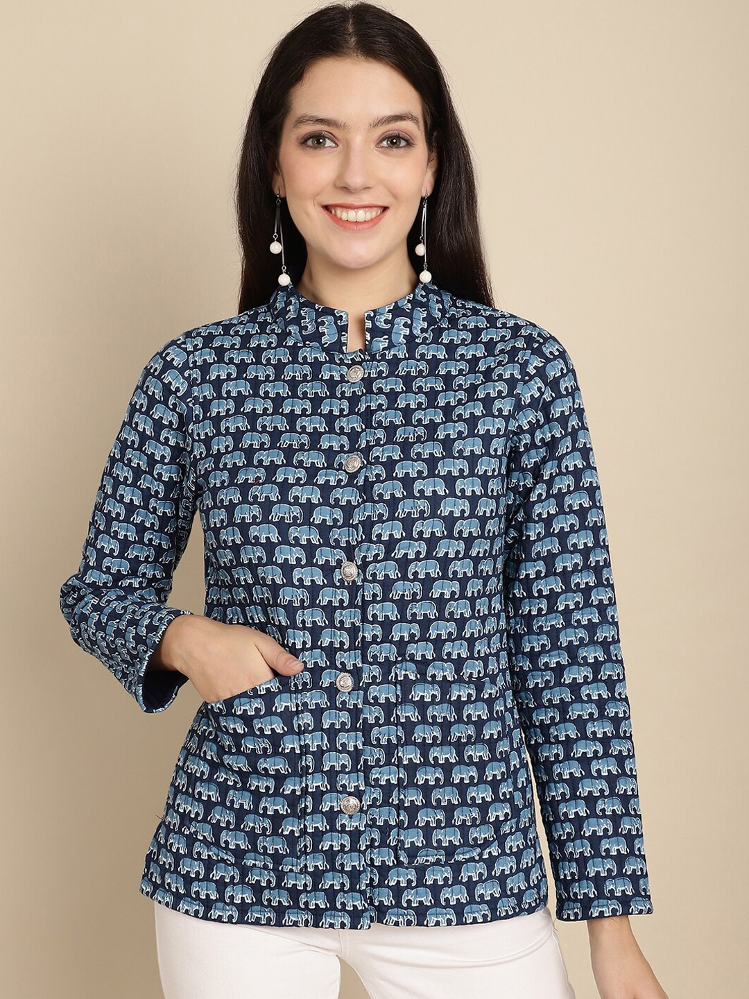 

Assamica Graphic Printed Lightweight Longline Cotton Tailored Jacket, Navy blue