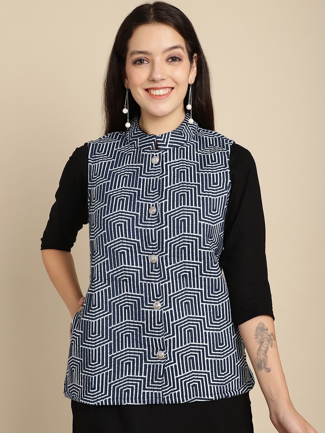 

Assamica Geometric Printed Lightweight Longline Cotton Tailored Jacket, Navy blue
