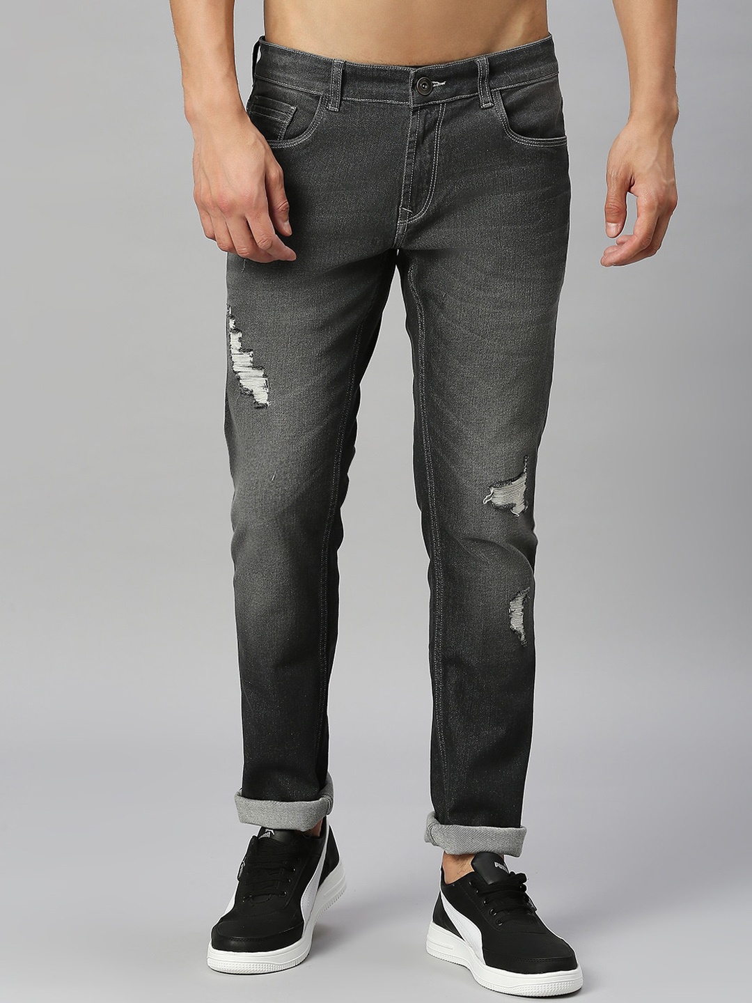 

Kook N Keech Men Slim Fit Low-Rise Mildly Distressed Light Fade Stretchable Jeans, Grey