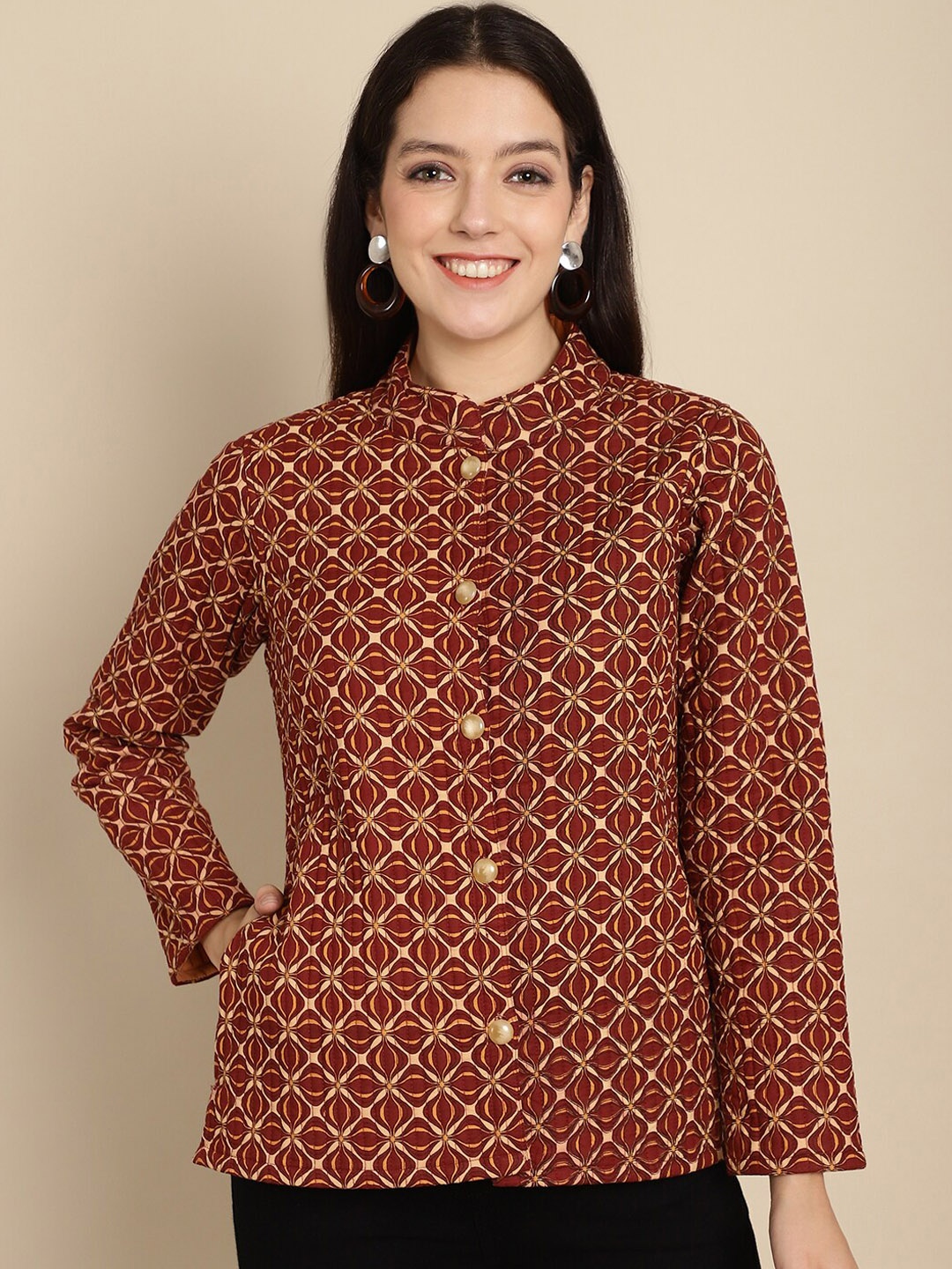 

Kamayra Ethnic Motifs Printed Lightweight Cotton Tailored Jacket, Coffee brown
