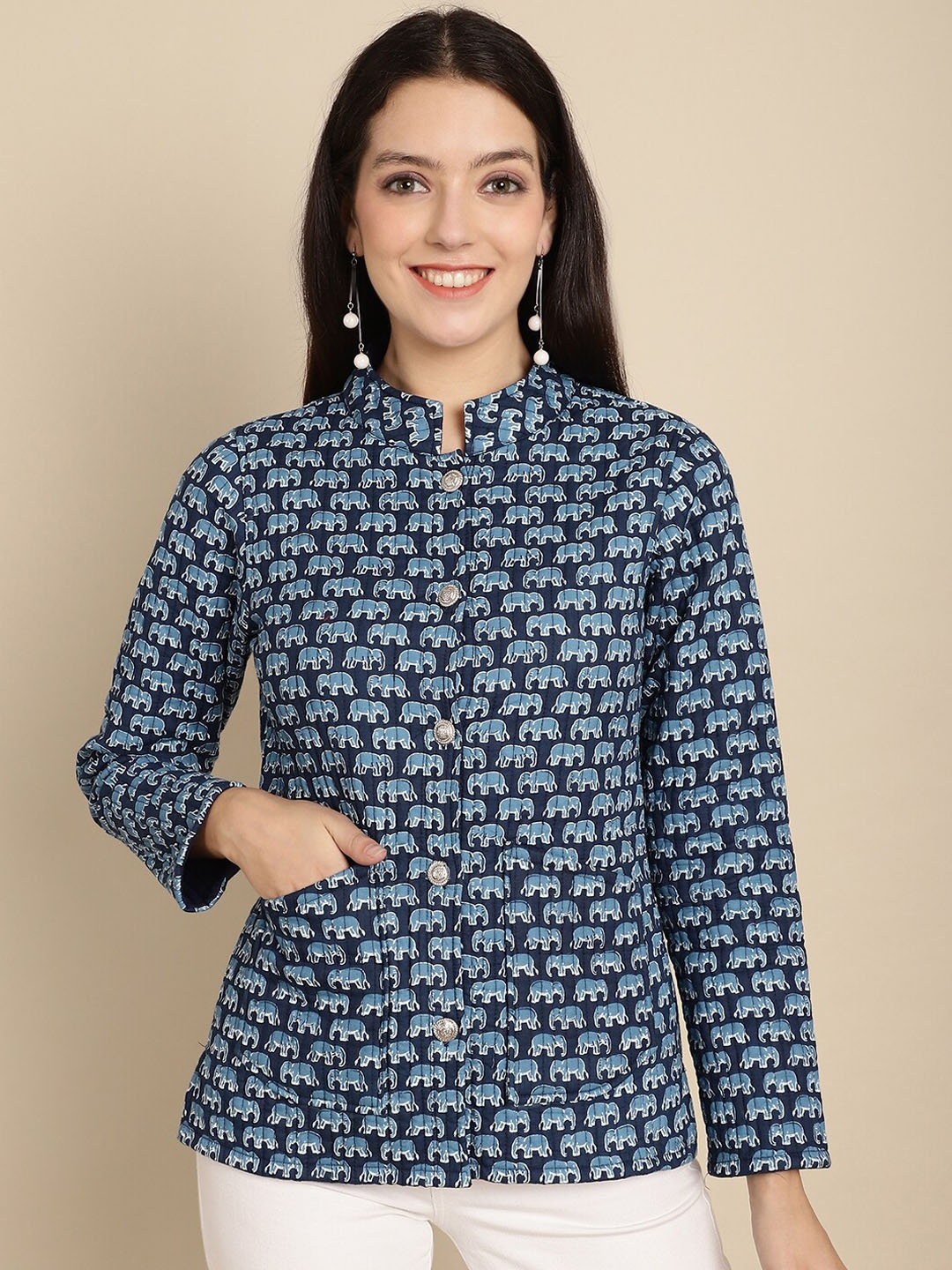 

Kamayra Conversational Printed Lightweight Cotton Tailored Jacket, Navy blue